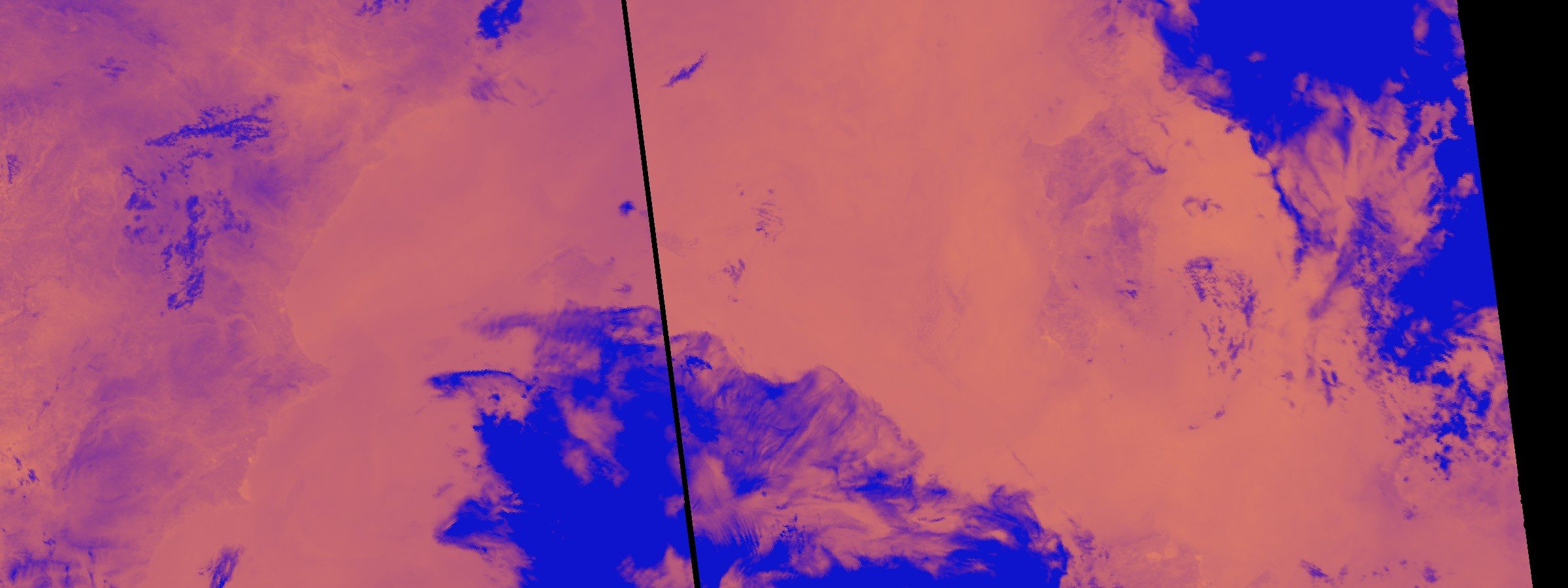 Sentinel-3 SLSTR channel S8 brightness temperature, night pass, ramped 270-305 K. The western Mediterranean, 29 June 2026. The blue in this frame is cloud, not cold water: S8 is a top-of-atmosphere brightness temperature and cloud tops read cold, so the most striking thing in the picture is weather rather than sea. It is also a night-time field, and it is not an anomaly against the 1991-2020 mean - the eight-degree figure the piece cites is an anomaly, a different quantity, and this image is not its source.