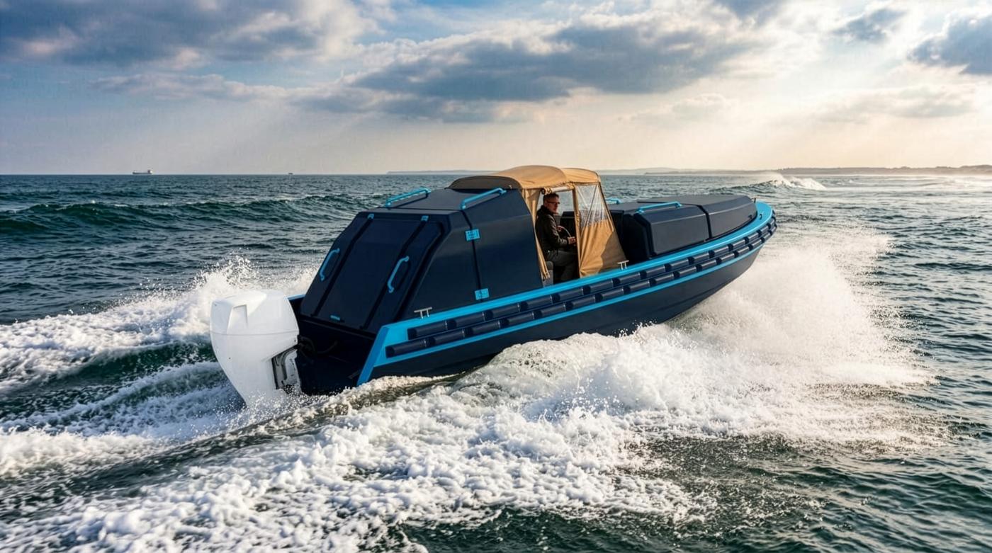 A SeaBreather vessel running at speed, dark hull with azure trim, spray coming off the quarter